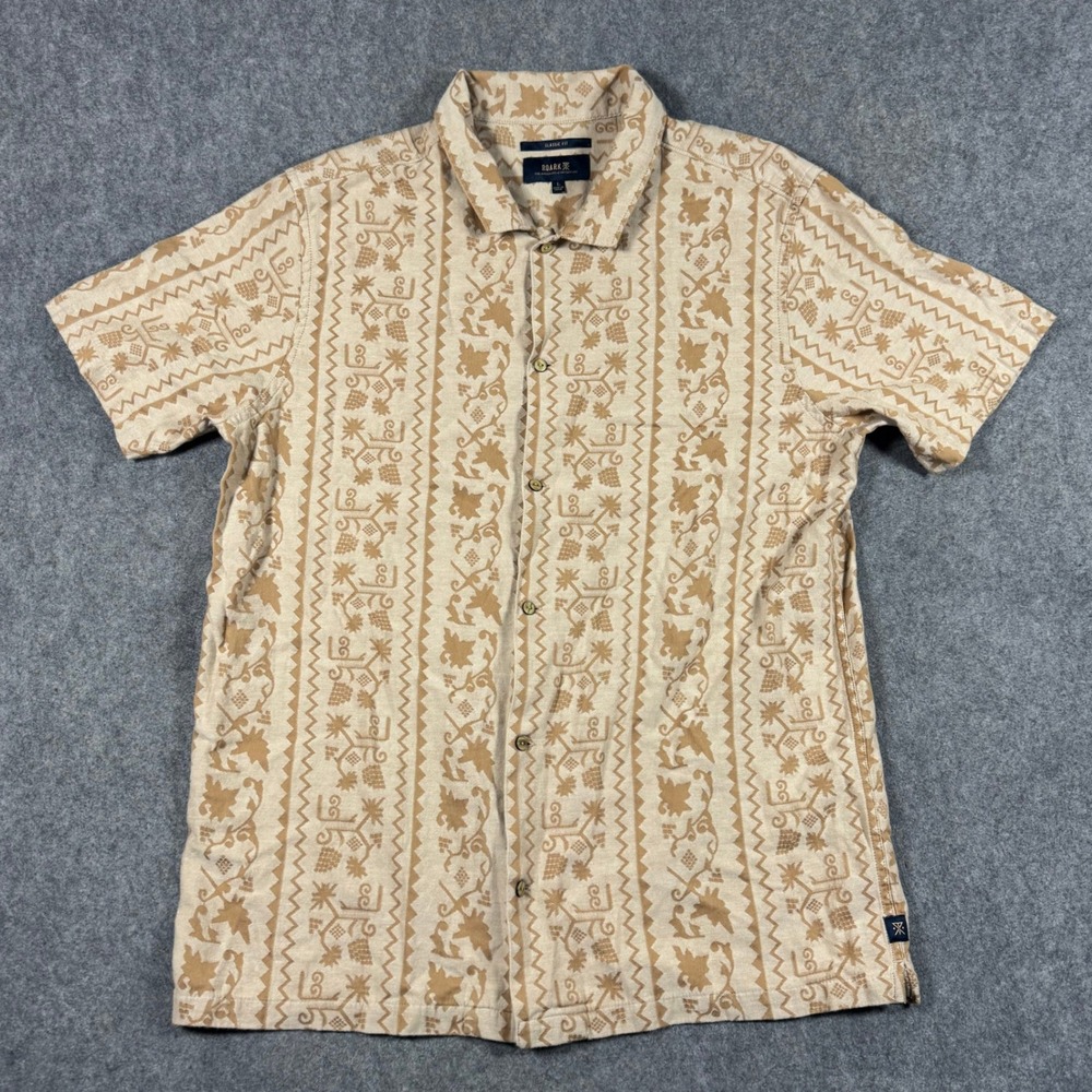 Roark Gonzo SS Woven Shirt Mens L Tan Organic Cotton Tribal Geometric RW659